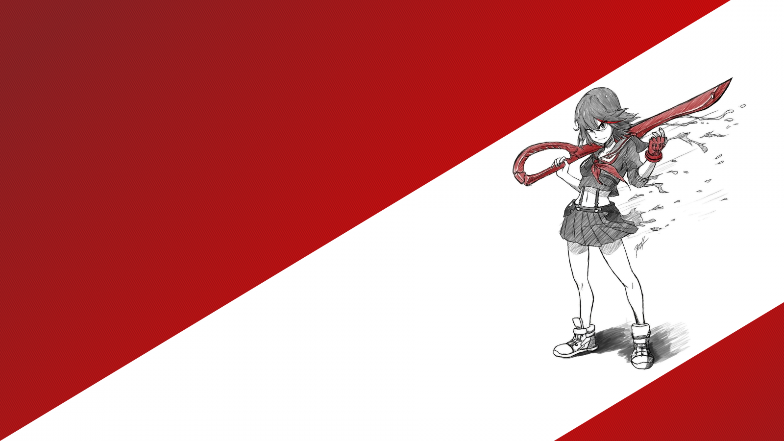 Anime, Chicas anime, Matar a la presa, Matoi Ryuuko, Kiryuin Satsuki, Cabello negro, pelo oscuro, Fondo simple, gradiente, arma, Cuchillas, tijeras, colegiala, uniforme escolar, Uniforme de marinero, minifalda, Vientre desnudo, vientre, zapatillas, black sneakers, Senketsu, Ojos negros, guantes, guantes sin dedos, red gloves, short sleeves, cabello corto