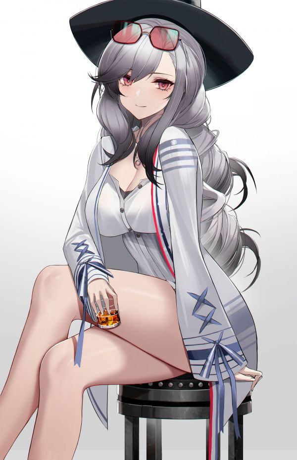 Anime,Chicas anime,Gafas de sol,sombrero,cabello plateado,piernas cruzadas