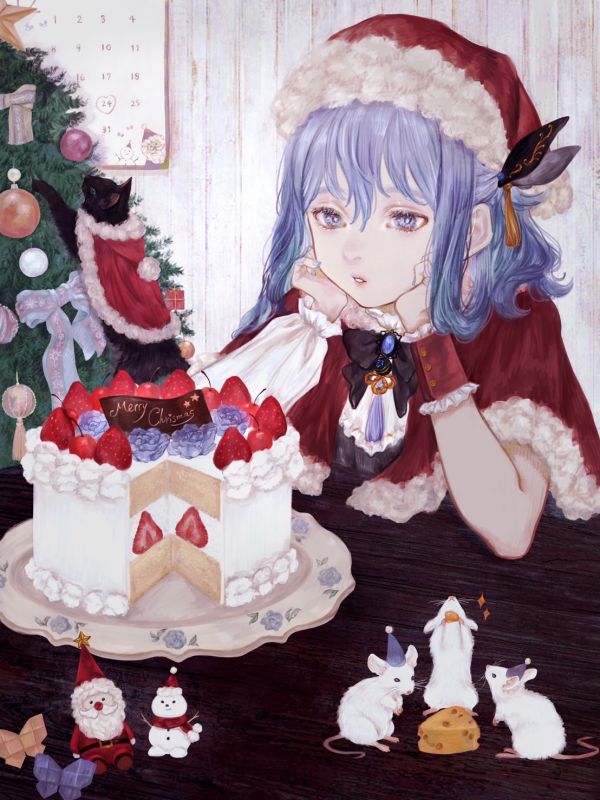 Ciel,KAMITSUBAKI,Filles anime,Casquettes Santa,gâteau,des fraises