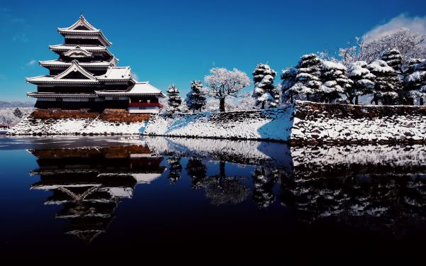 speilbilde,snø,vinter,Japan,bygning,Matsumoto Castle