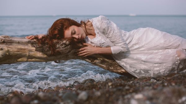 women,model,women outdoors,redhead,depth of field,sea