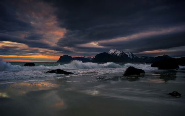 sunlight, sunset, sea, bay, water, rock