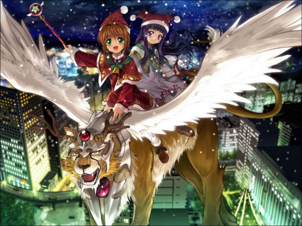 Kart Captor Sakura,kız,gece,Noel,uçan,kaplan