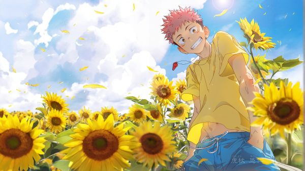 Jujutsu Kaisen,Yuji Itadori,yellow shirt,solsikker,Himmelsblå,Beitemian