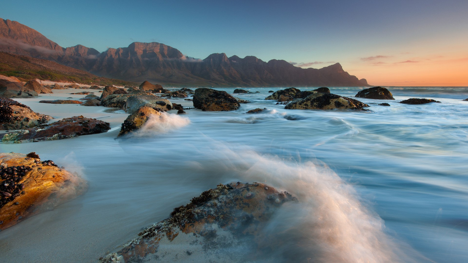 Natur, Landschaft, Berge, Felsen, Sand, Wasser, Wellen, Langzeitbelichtung, Küste, Sonnenuntergang, Südafrika