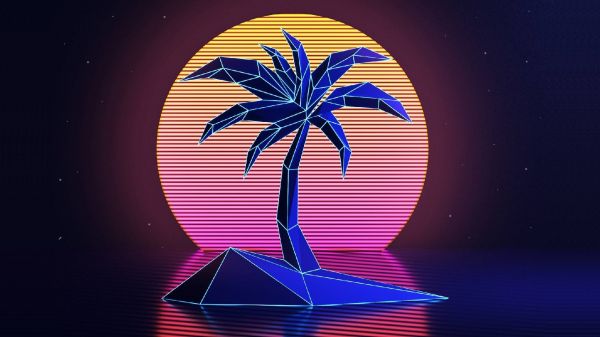 notte, illustrazione, tramonto, neon, blu, palme