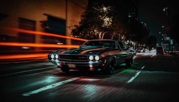 Dodge Challenger,ai art,conducción,noche,ciudad,calle