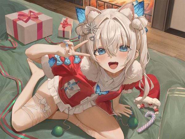 アニメの女の子,手のジェスチャー,christmas clothes,青い目,クリスマス