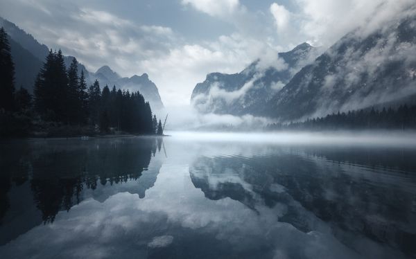 luz de sol, Árboles, paisaje, montañas, Italia, lago