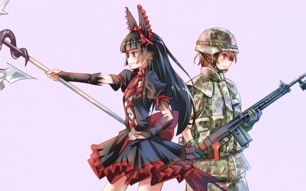 単純な背景,アニメ,武器,ロリーマーキュリー,ゲートJieitai Kanochiナイト角タタカエリ,ドレス