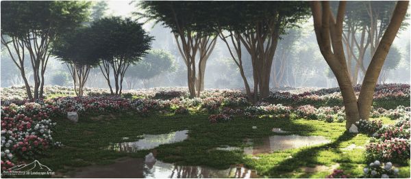 des arbres,paysage,jardin,eau,art numérique,fleurs