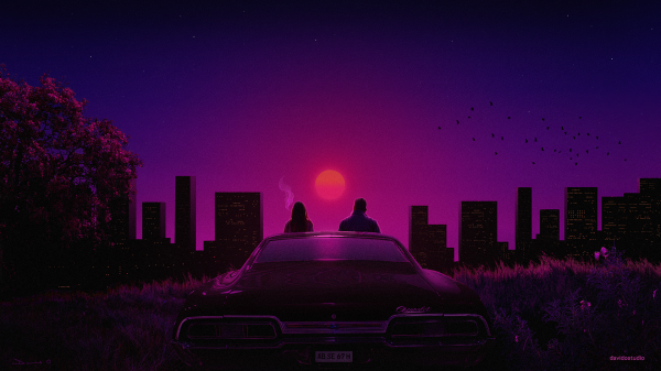 vaporwave,кола,Chevrolet,град,небостъргач,дървета