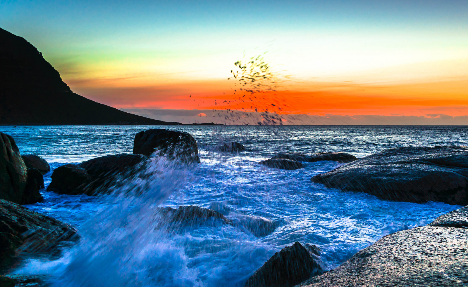 sea, spray, Surf, sunset