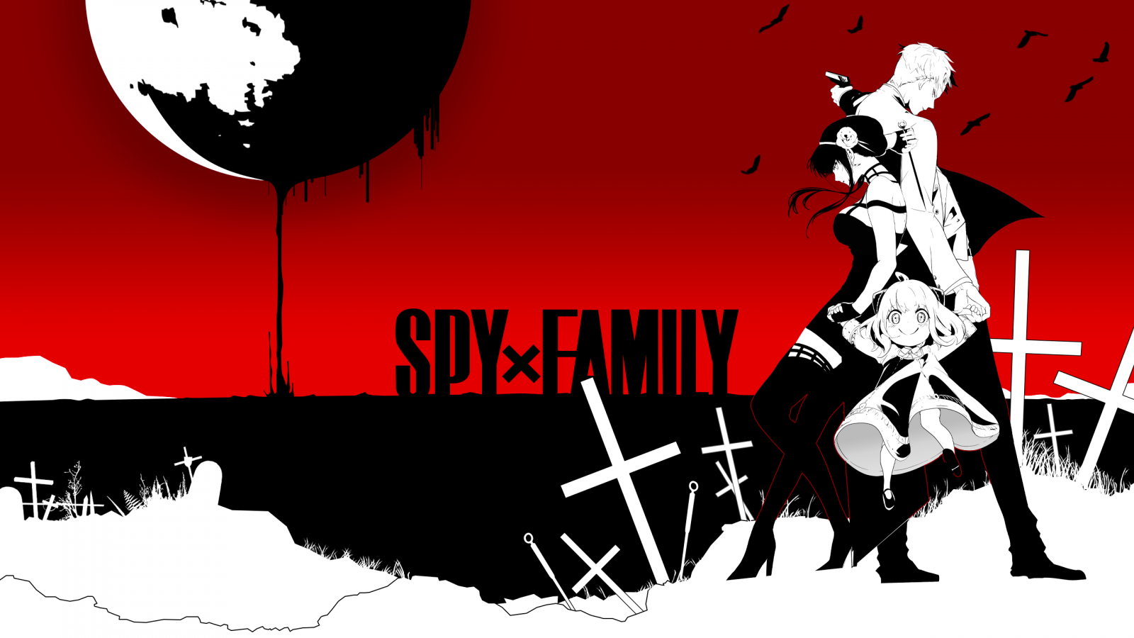 Loid Forger, Yor Forger, Anya Forger, 미니멀리즘, 단색화, 뷰어를보고, 십자가, 붉은 하늘, 무기, 갈가마귀, Spy x Family