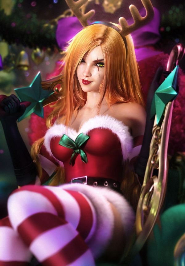 anime jenter,Santa drakt,stripete leggings,Sevenbees,League of Legends,Katarina du Couteau