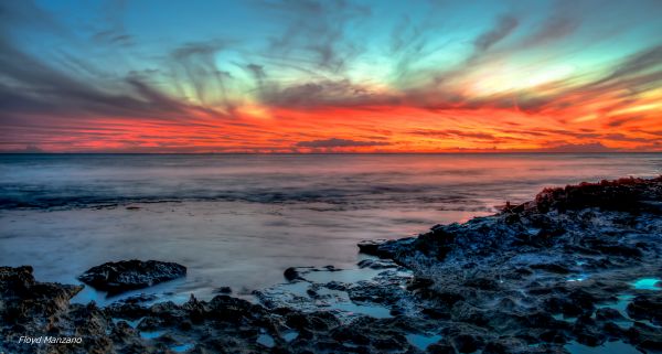 landschap, zonsondergang, zee, water, kleurrijk, rots