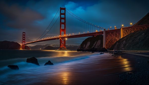 ai art,Cầu Golden Gate,Blue hour,bờ biển