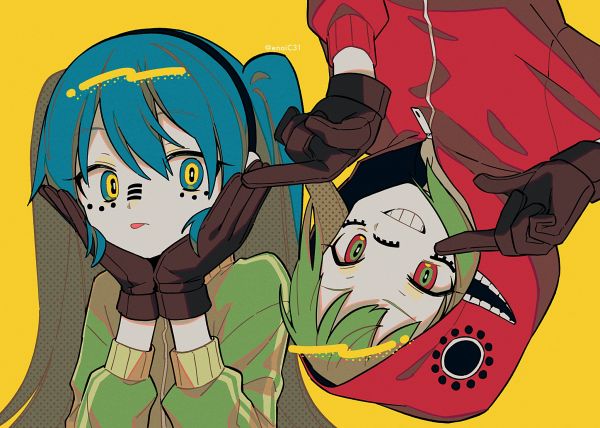 Hatsune Miku,Vocaloid,anime girls,long hair,Megpoid Gumi,upside down