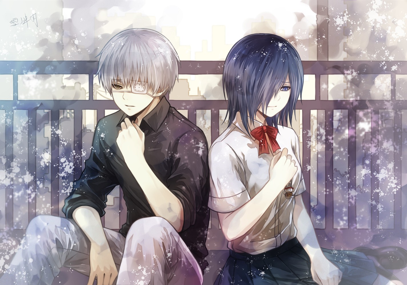 anime, fete anime, băieți anime, Kaneki Ken, Tokyo Ghoul, Kirishima Touka, captură de ecran, mangaka