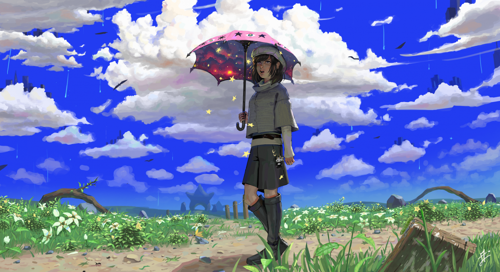 Anime, Caractères originaux, parapluie, paysage, ciel, Filles anime