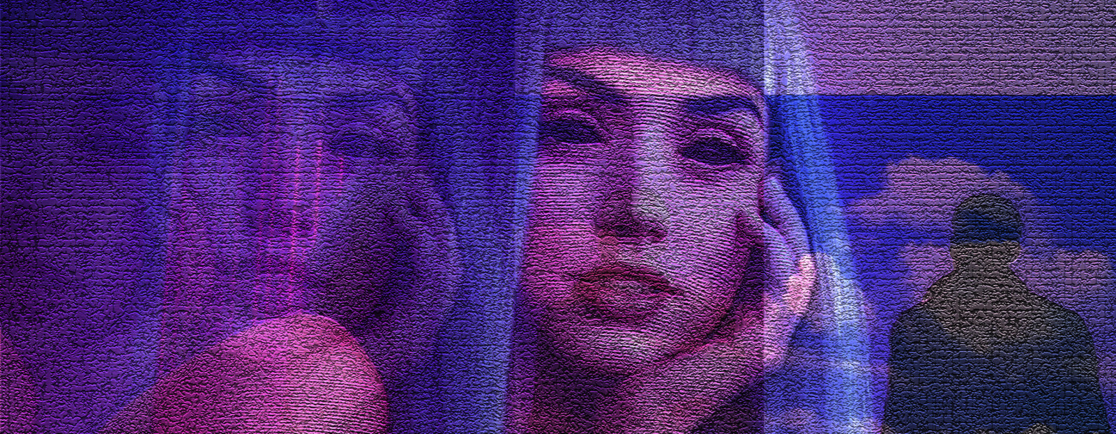 terä juoksija 2049, Ana de Armas, neon, cyber, Beyond Reality, käsi kasvot, parted lips, pitkät hiukset, sininen hiukset, katsot katsojaa, häiriö taidetta, naiset