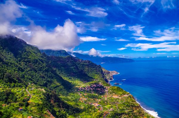 風景,山々,海,湾,空,丘