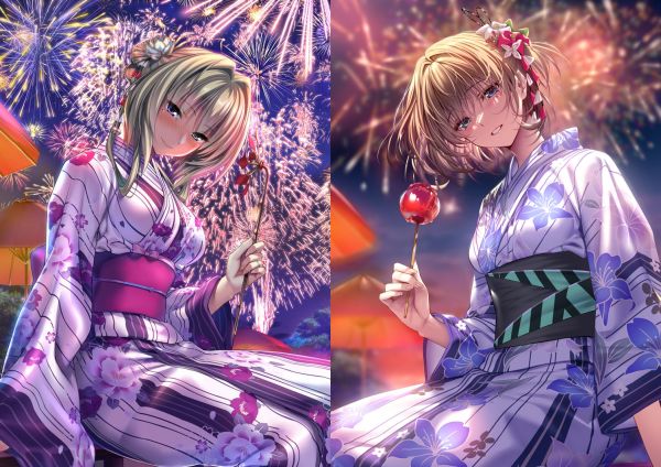 Anime girls,Anime,sarışın,kimono,two women,havai fişek