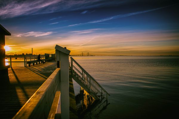 luz de sol, puesta de sol, ciudad, noche, vistoso, mar