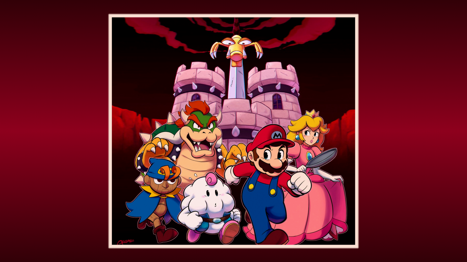 video games, video game girls, bangs, Super Mario RPG, Super Mario, Mario Bros, Geno Super Mario, Mallow Super Mario, Pan, castle, bowser, Koopa, white gloves, dress, pink dress, turtle, cape, blue clothing, suspenders, red shirt, hat, fangs, spike, spikes, redhead, blonde, moustache, claws, jewel, jewelry, crown, simple background