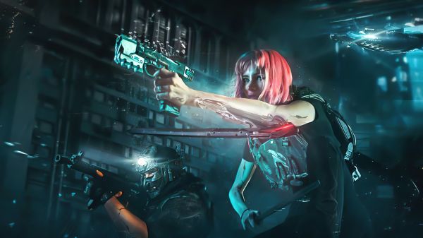 pistolet,Cyberpunk 2077,Filles avec des armes à feu,casque,Video Game Art,gants