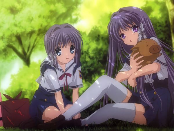 Anime, menina, floresta, animal, surpresa