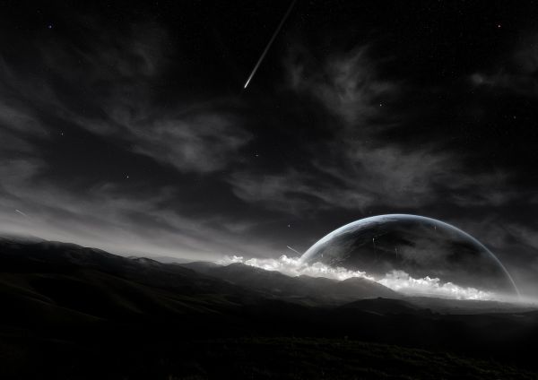 svartvit, natt, planet, rymden, himmel, 3D