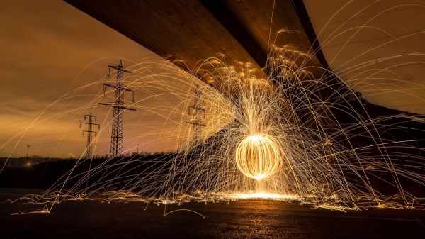 1920x1080 px, bridge, circle, depth of field, fire, long exposure