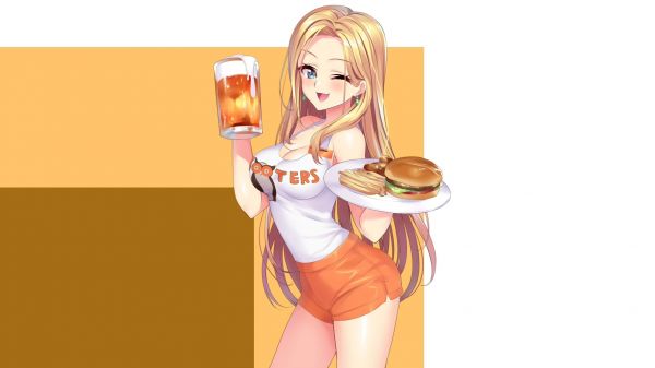 blond,aliments,cheveux longs,Anime,Filles anime,Gros seins