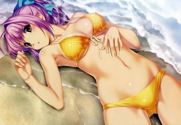 Anime cô gái,tóc màu tím,tóc ngắn,Bikini,Bikinis màu vàng,mắt đỏ