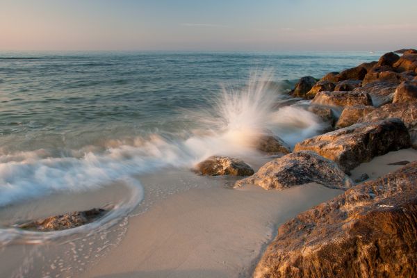 sea, water, rock, shore, sunlight, sunset