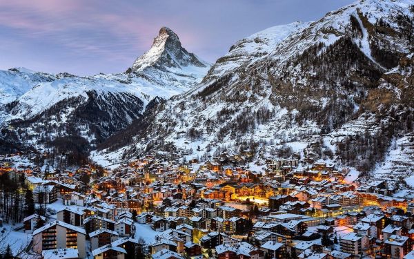 paesaggio, luci, montagne, la neve, città, architettura