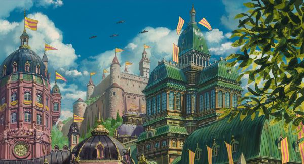 A vándorló palota,studio Ghibli,anime,felhők,város,építészet