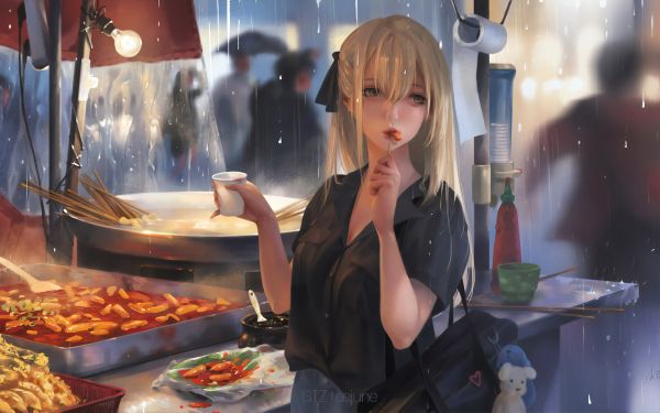 anime lányok,anime girls eating,szőke,élelmiszer,étkezési,látszó el