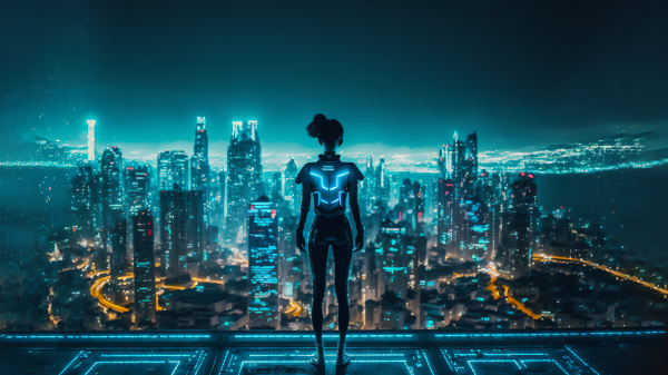 ai art, illustratie, cyberpunk, vrouw, rooftopping, stad