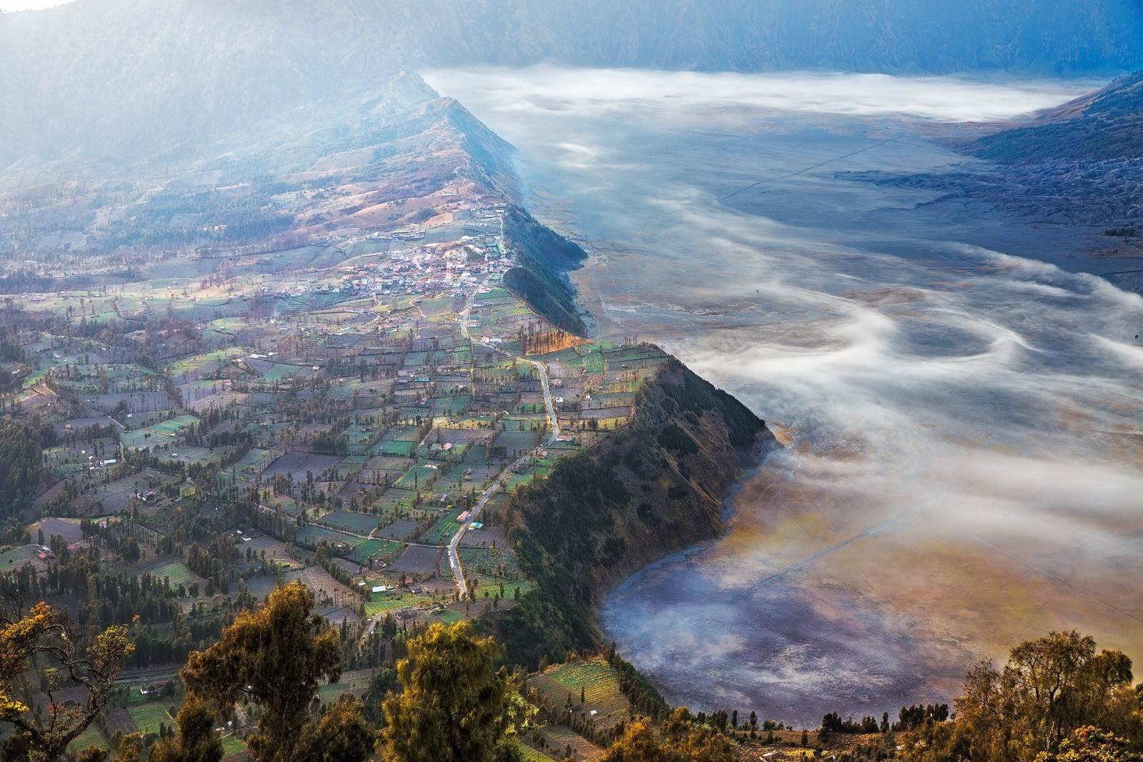 trees, landscape, mountains, sea, villages, nature, field, hills, mist, coast, cliff, aerial view, Indonesia, plateau, Terrain, mountain, atmospheric phenomenon, landform, geographical feature, aerial photography, mountain range, water feature