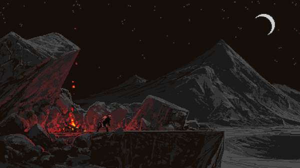 landscape,digital art,pixel art,mountains,night,rock