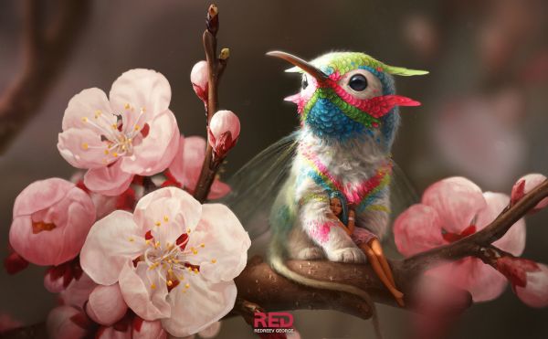 colibri fugl,George Redreev,blomster,fantasia,Fantasy kunst,Digital kunst