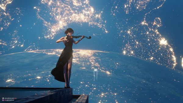 WLOP,femmes,dessin,étoiles,horizon,violon