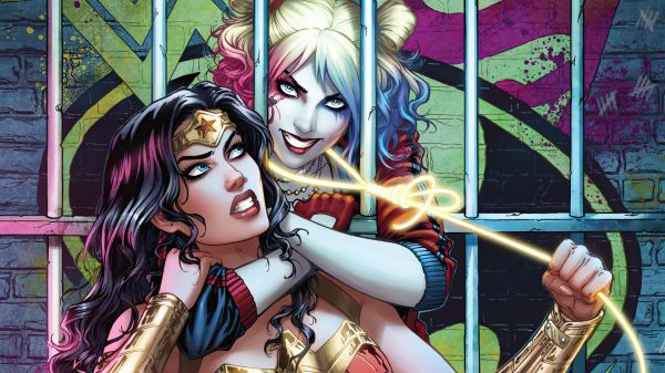 harley Quinn,DC Comics,Wonder Woman,superhrdina,superheroines,modré oči