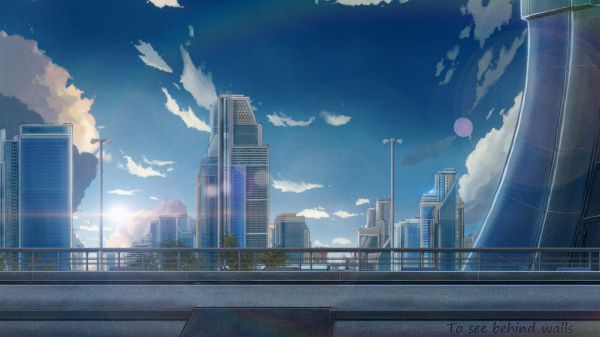 outdoors,bridge,digital art,anime city,city,sky