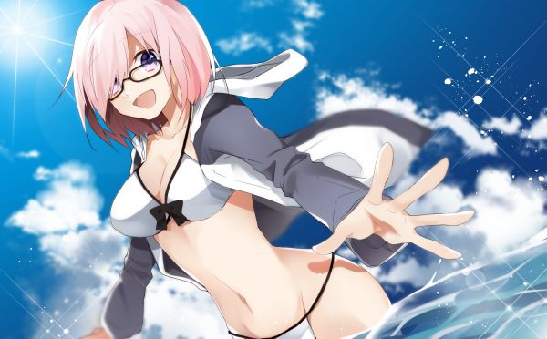 illustration,anime,anime girls,short hair,glasses,water