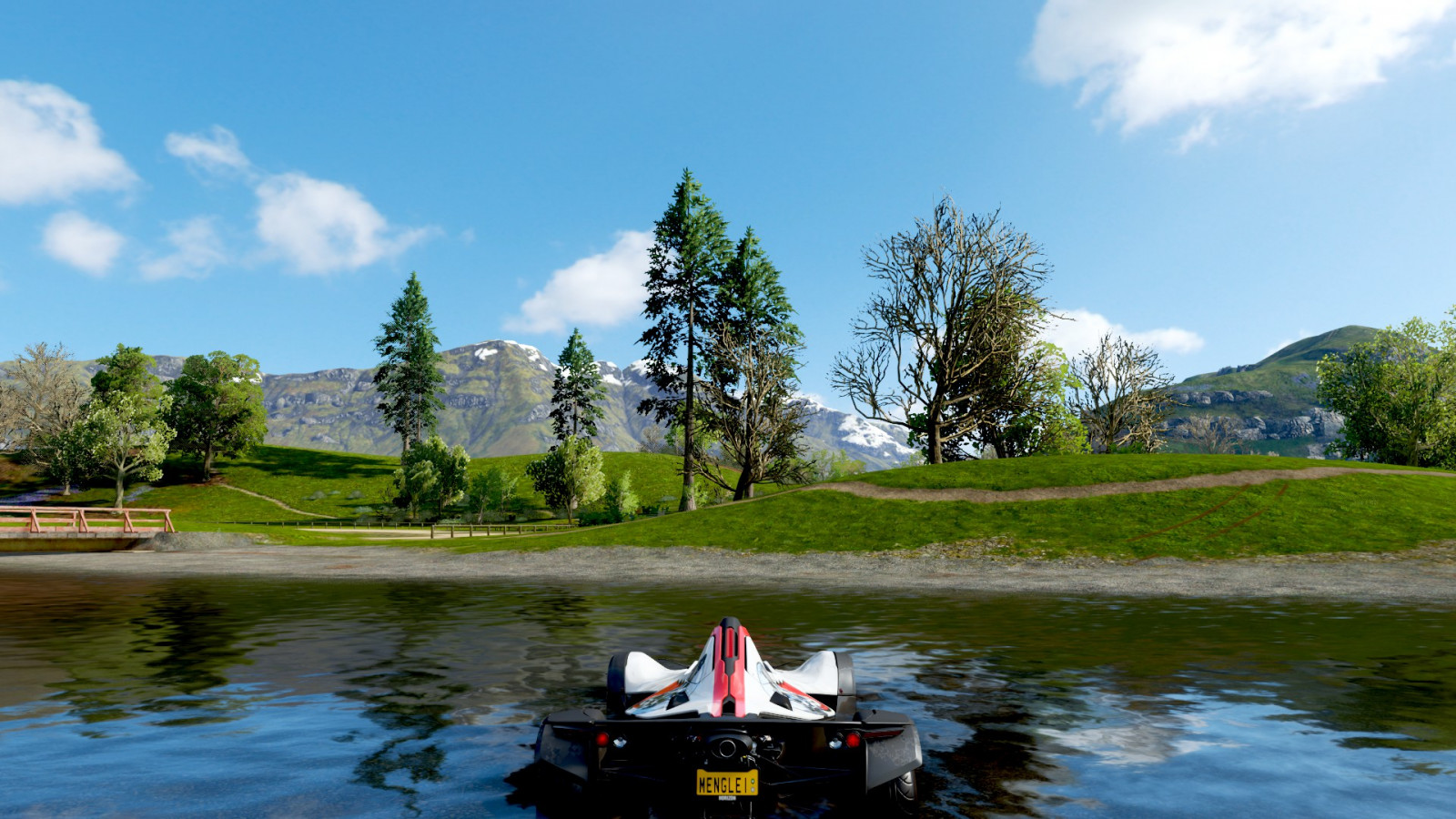 Forza Horizon 4, panorama, videogames, agua, visão traseira, Placas de matrícula, carro, Carros de corrida, céu, nuvens, Árvores, neve, montanhas, grama, CGI, Video Game Art