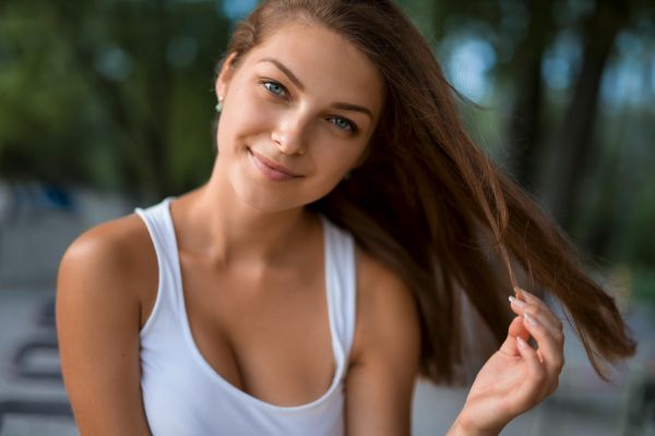 menghadapi, wanita, model, potret, rambut panjang, mata biru