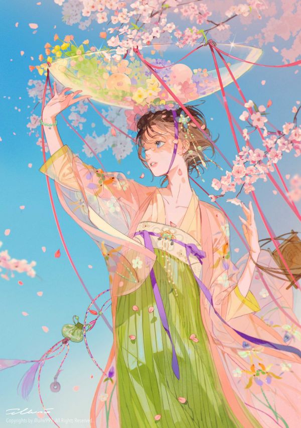 anime girls,fiori,visualizzazione verticale,fiore di ciliegio,fiori rosa,capelli corti